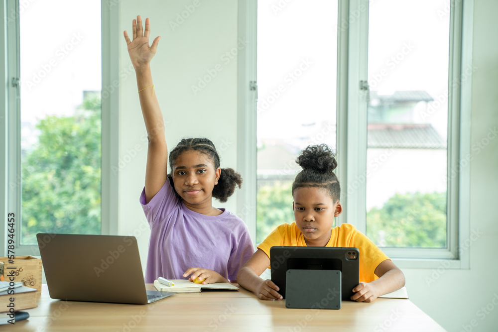 Group of African American elementary school kid primary school boys and girls are studying in class.