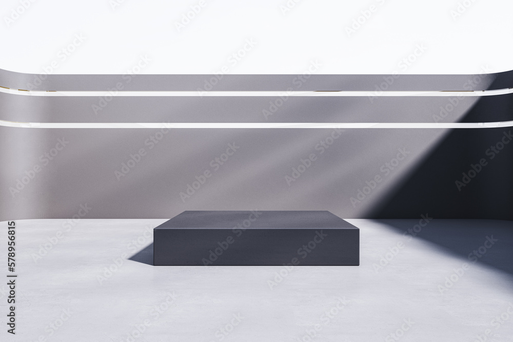 Modern open space concrete walls with pedestal, sunlight and mock up place. 3D Rendering.