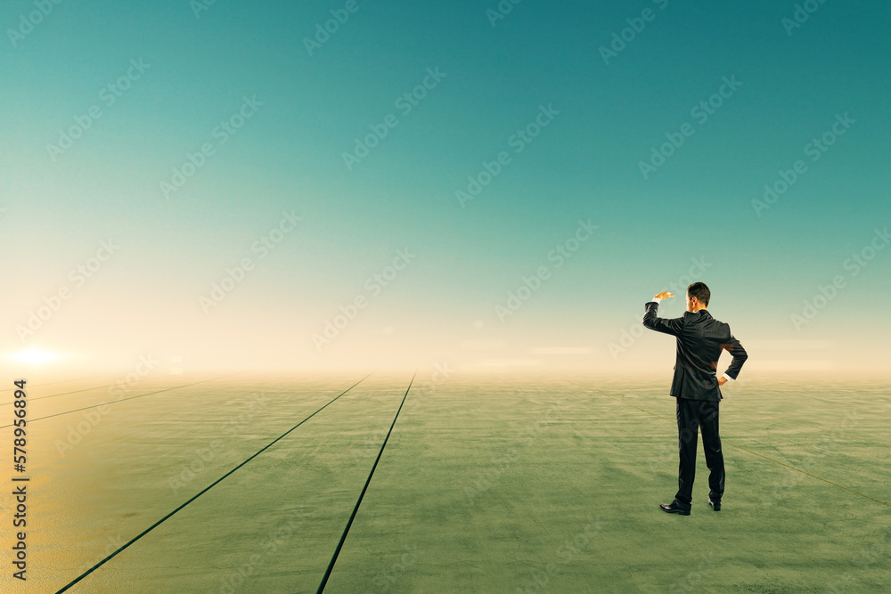 Businessman looking into the distance on abstract bright sky and ground background with mock up plac