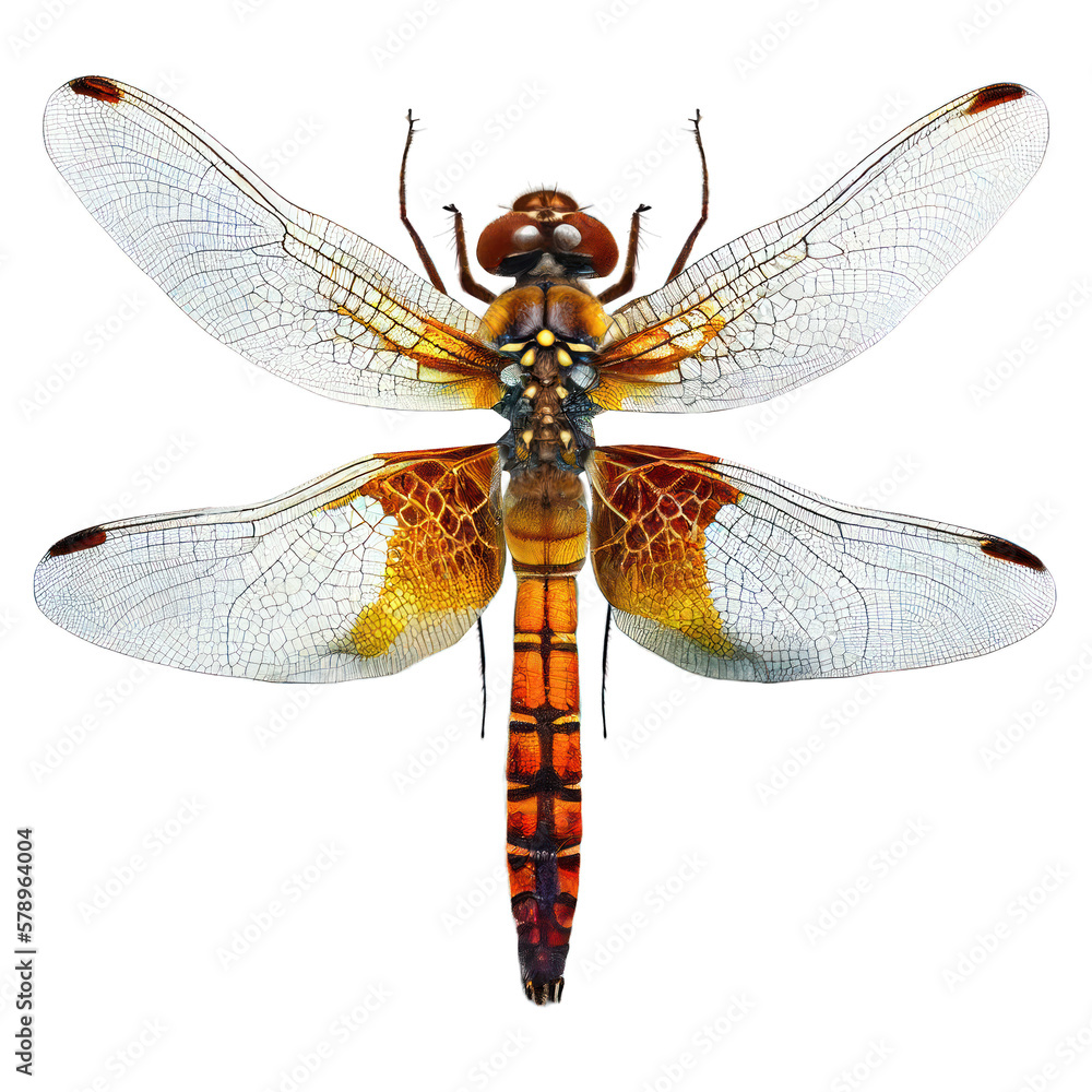 orange dragonfly top view , isolated on transparent background cutout , generative ai