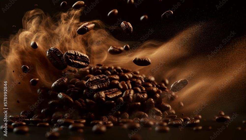 Roasted coffee beans. Brown smoke of coffee aroma. Generative AI