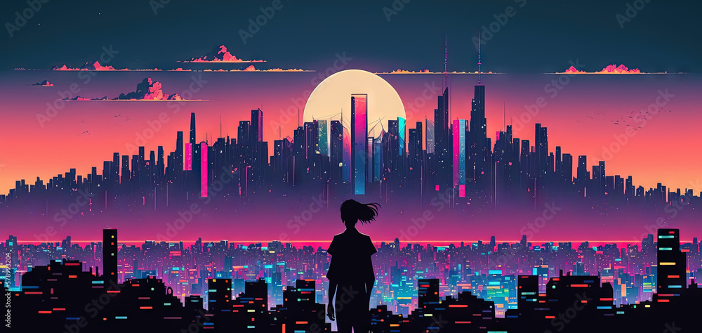 Girl silhouette in front of panoramic cityscape in cyberpunk futuristic style. Skyscrapers in neon .