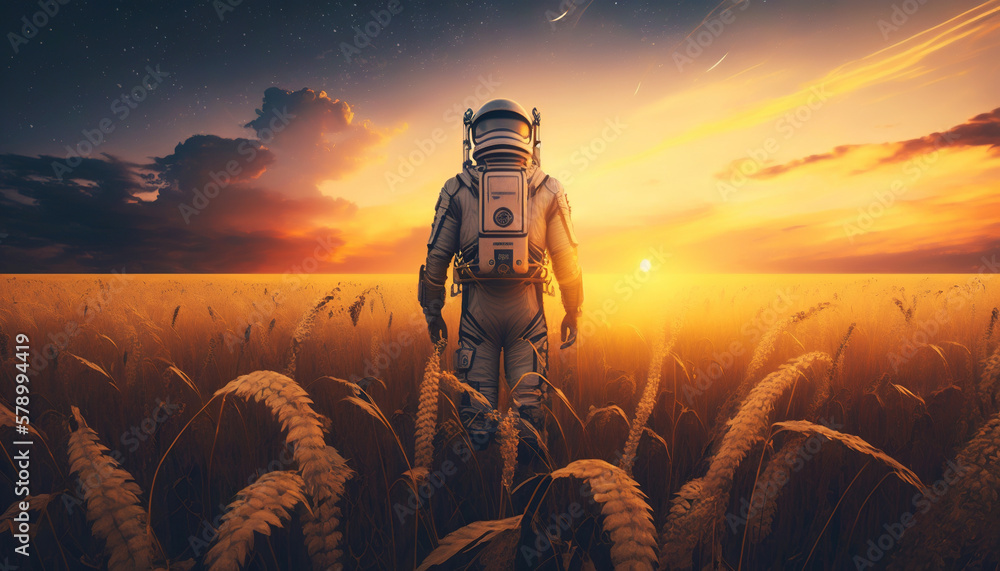 Astronaut standing in the field on a golden sunset. Generative AI.