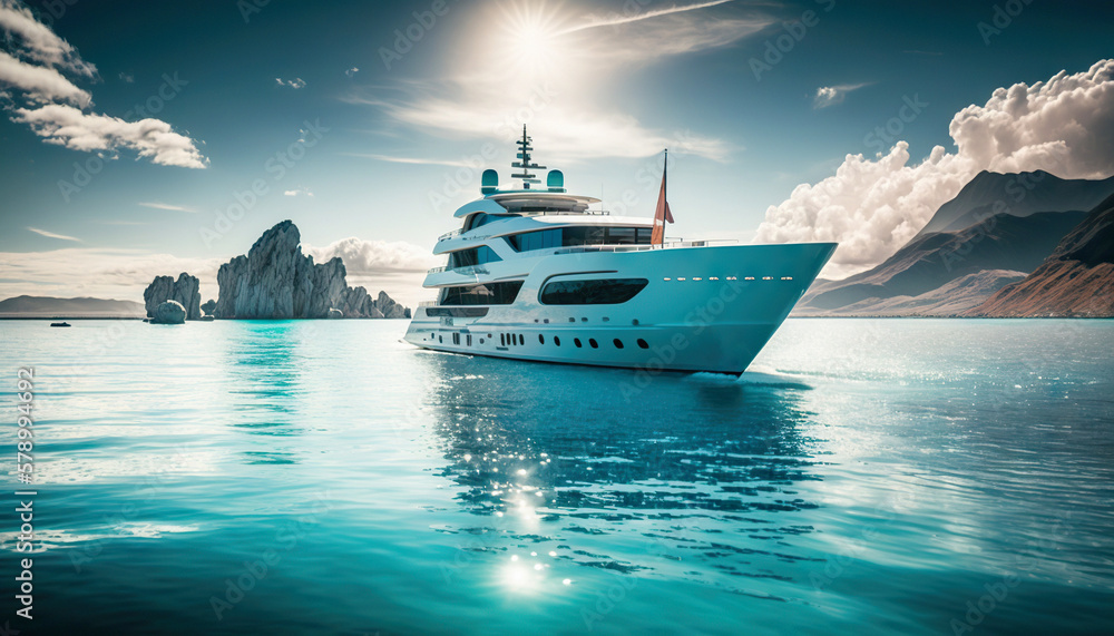 Low angle view on luxury yacht from the paradise turquoise ocean water surface. Sunny day in tropic 