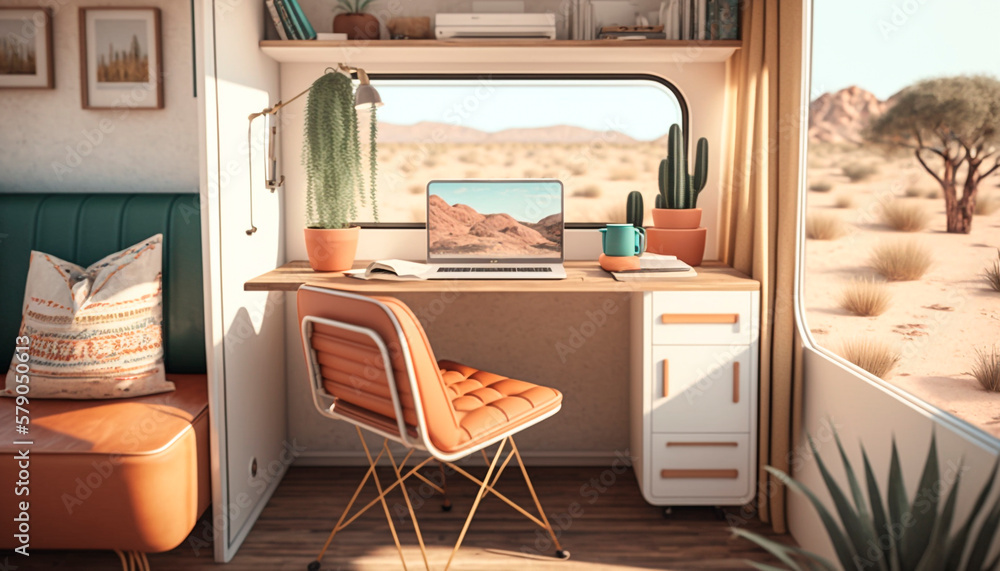 A cozy home office indoor a tiny RV with a laptop on desk and houseplants, generative ai