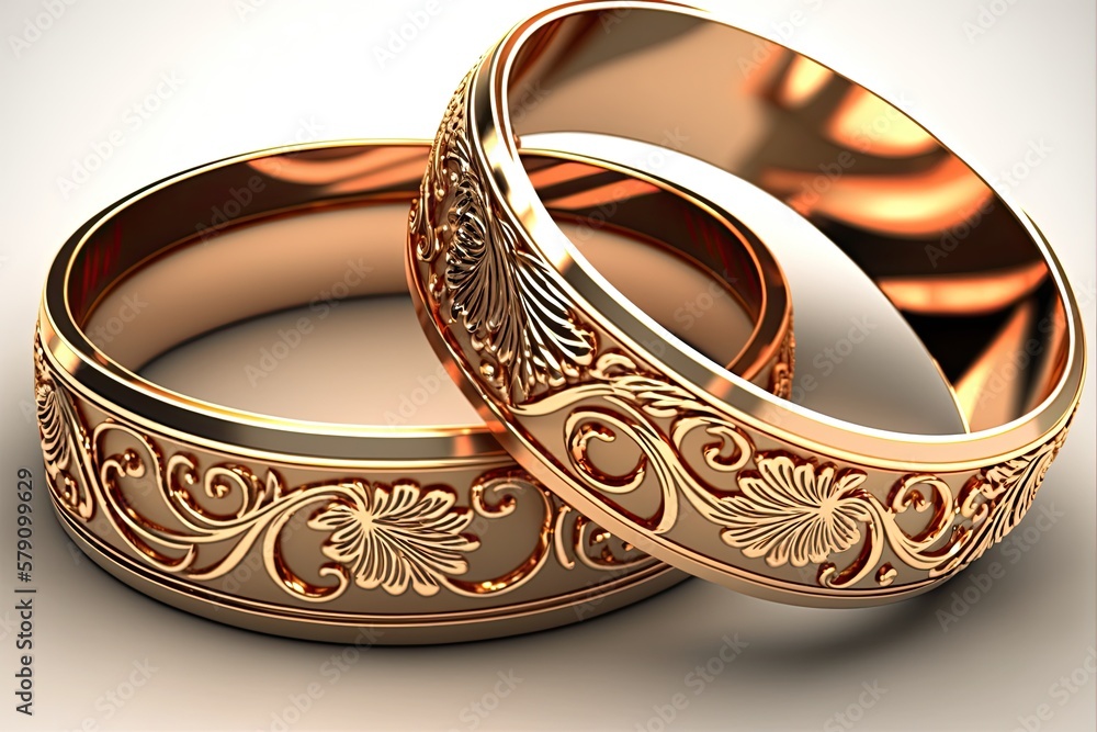 A pair of gold engagement or wedding rings with ornaments on a white background. A symbol of the mar