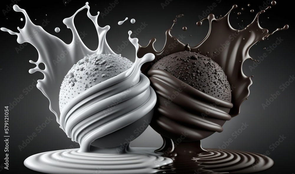  two ice creams with chocolate splashing out of them on a black background with a reflection of the 