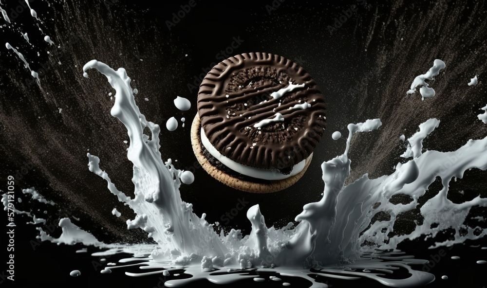  an oreo cookie falling into milk splashing out of the water on a black background with a splash of 