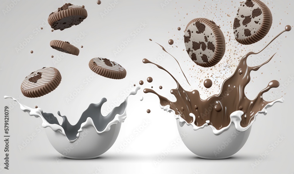  a chocolate cookie splashing out of an egg shell into a milkshake with chocolate cookies falling ou