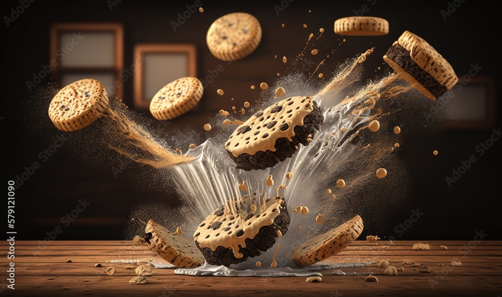  a group of cookies flying out of a puddle of milk on top of a wooden table next to a mirror and a w