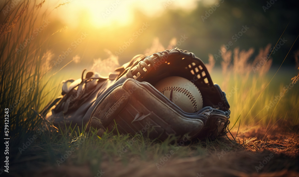  a baseball mitt and a baseball in a field of grass with the sun shining through the grass behind it