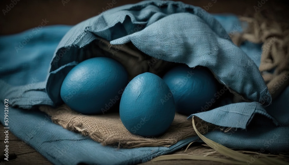  a group of blue eggs sitting on top of a blue cloth covered table cloth on top of a wooden table cl