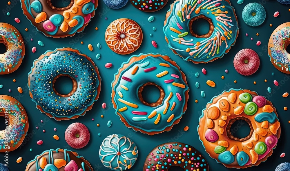  a painting of a bunch of donuts with sprinkles on them and a blue background with sprinkles on them