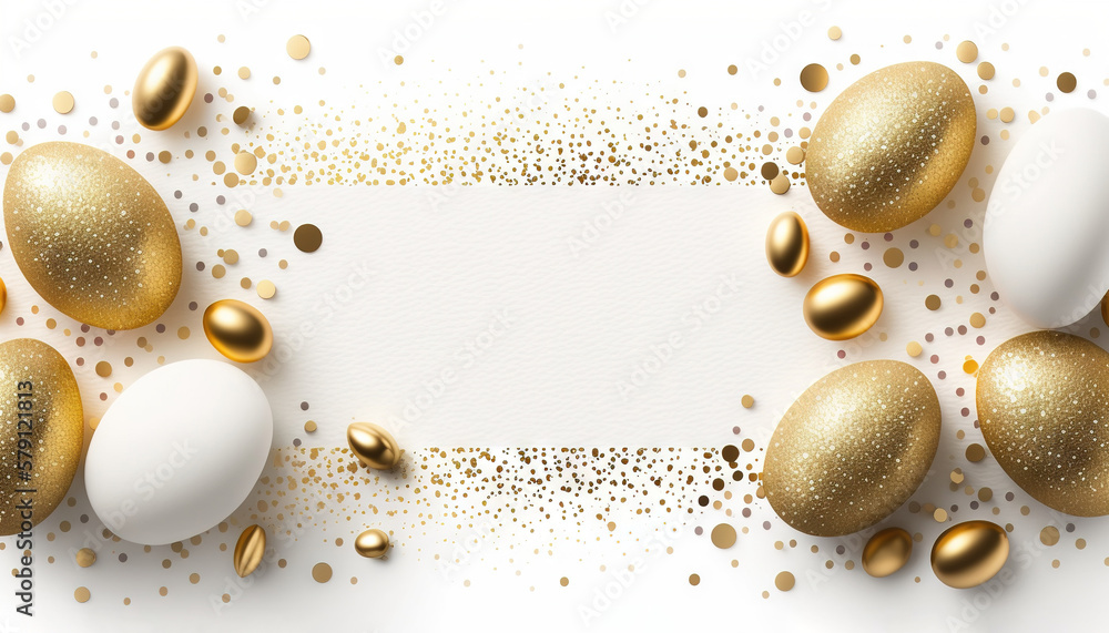  a white and gold background with gold and white eggs and confetti on the bottom of the image is a w