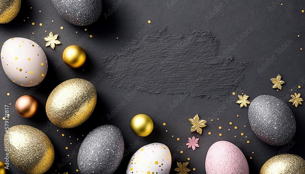  a black background with gold, silver and pink easter eggs and confetti sprinkled with gold and silv