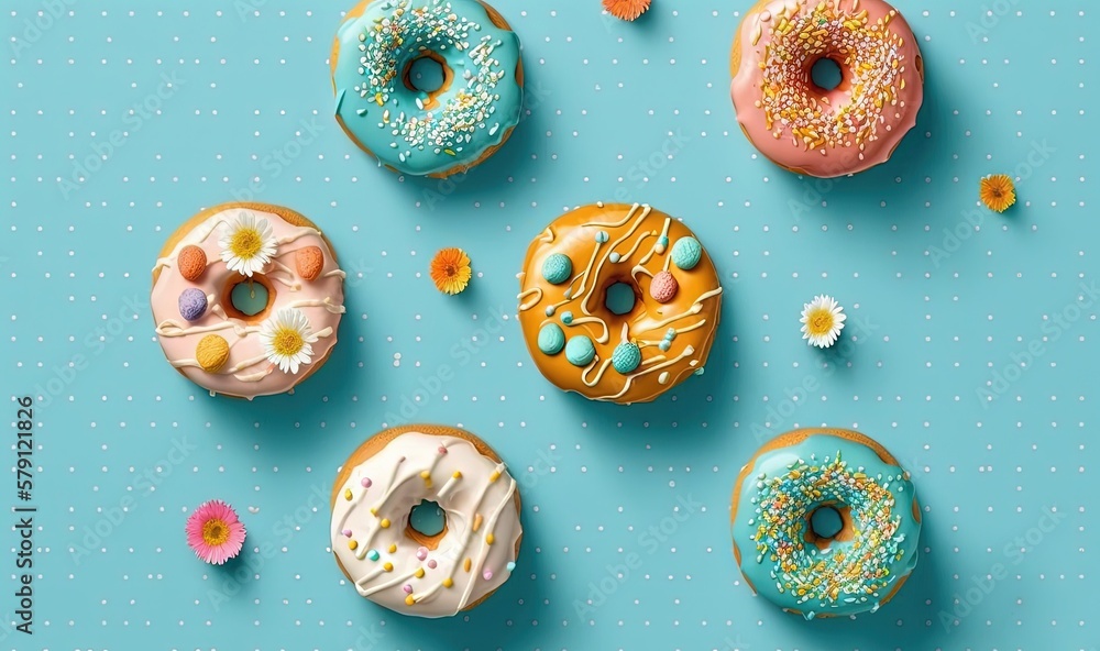  a group of doughnuts sitting on top of a blue surface with sprinkles and flowers around them on a b