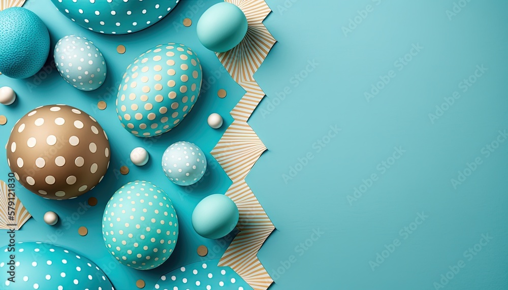  a group of blue and white easter eggs on a blue background with polka dot paper on the bottom of th