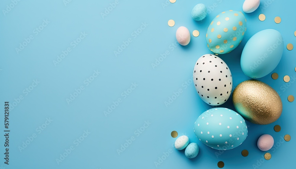  a group of colorful easter eggs on a blue background with confetti scattered around them and a polk