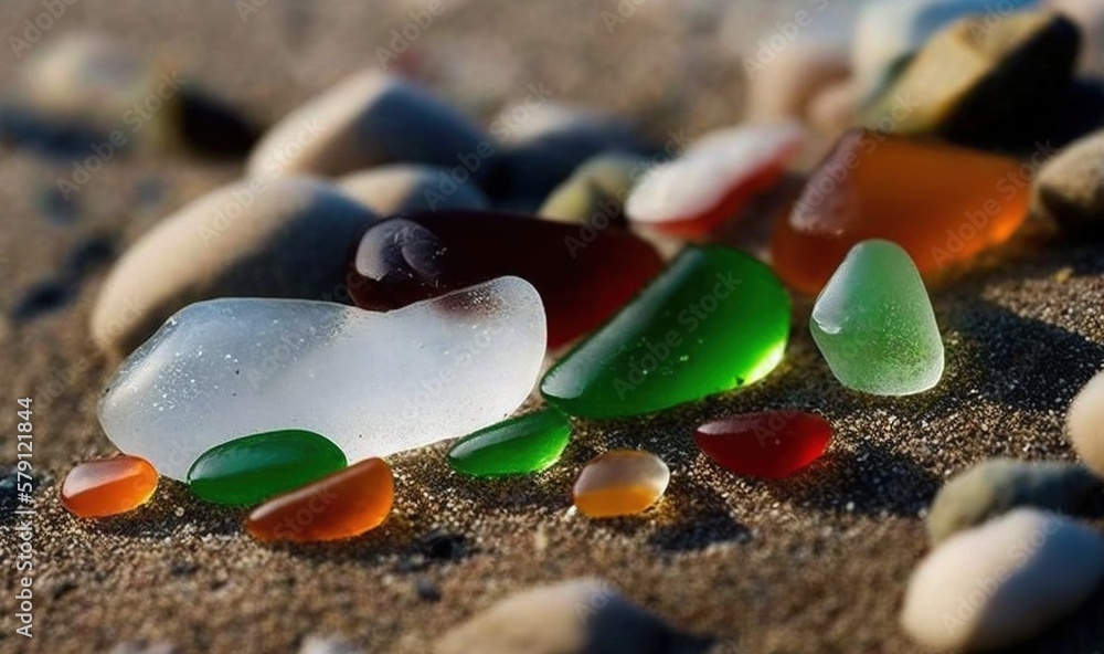  a close up of a bunch of sea glass on a beach near the ocean shore with small rocks and pebbles in 