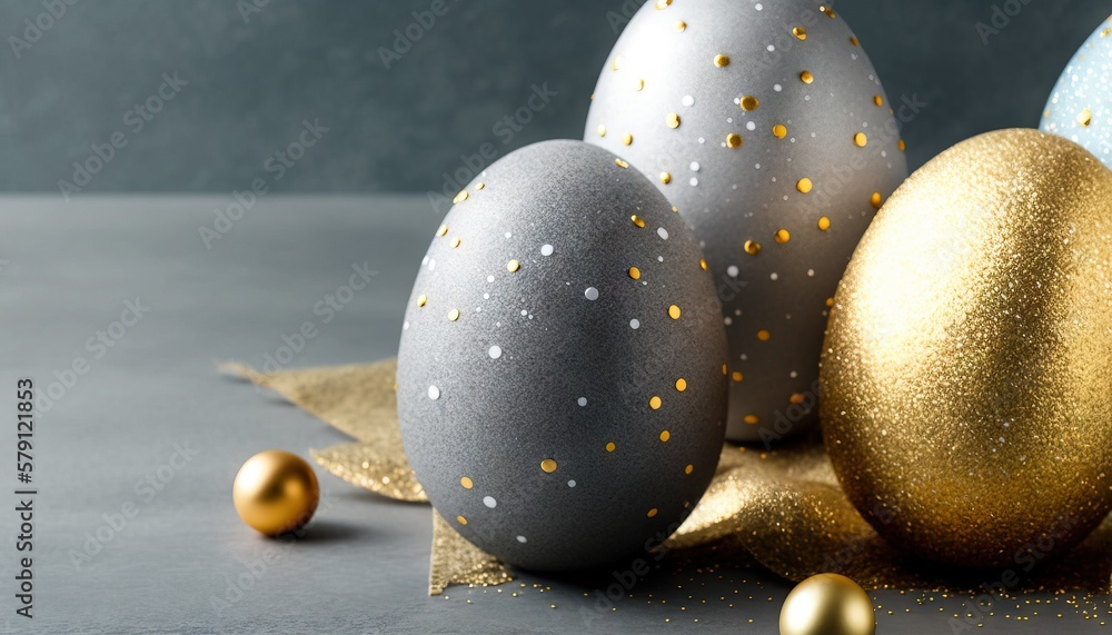  a group of gold and silver easter eggs on a gray surface with gold foil on the edges of the eggs an