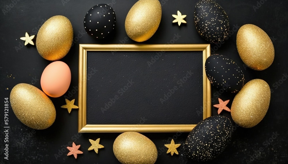  a gold frame surrounded by black and gold eggs and stars on a black background with a gold border a