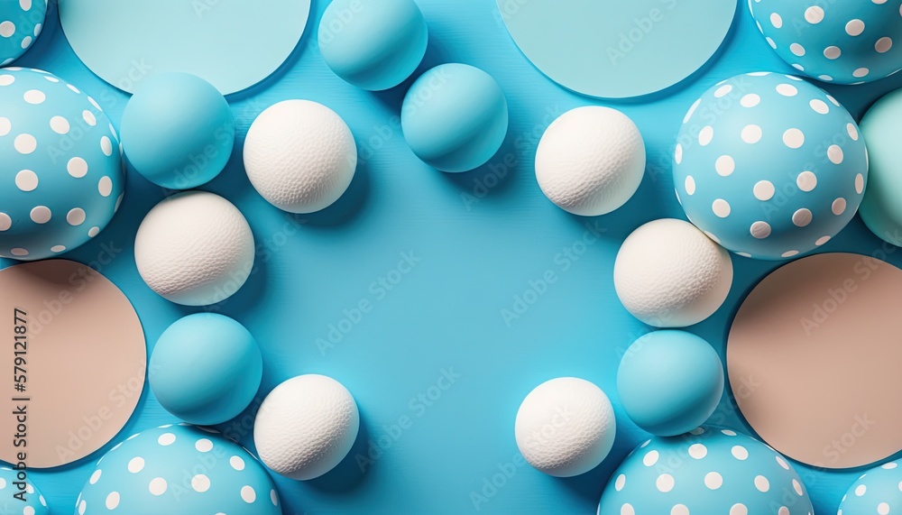  a blue and white background with polka dots and eggs in the middle of the image and a blue backgrou