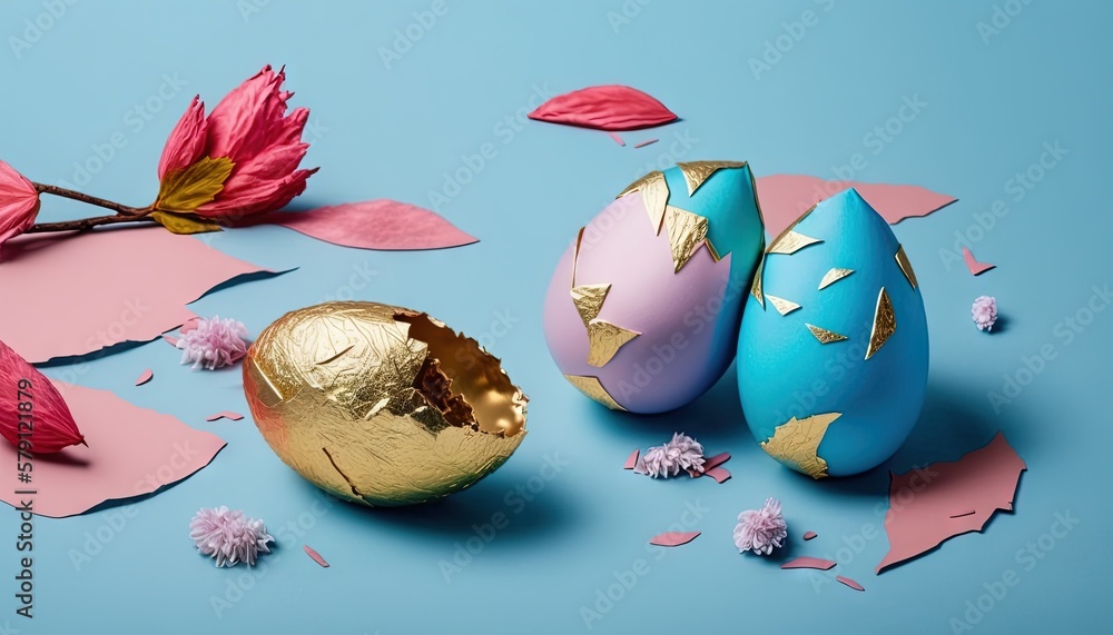  a blue and pink background with gold foiled eggs and pink flowers and leaves on the left side of th