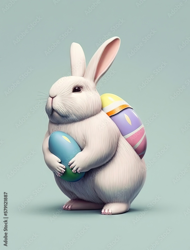  a white bunny holding a colorful easter egg in its paws, with a blue sky background behind it and a