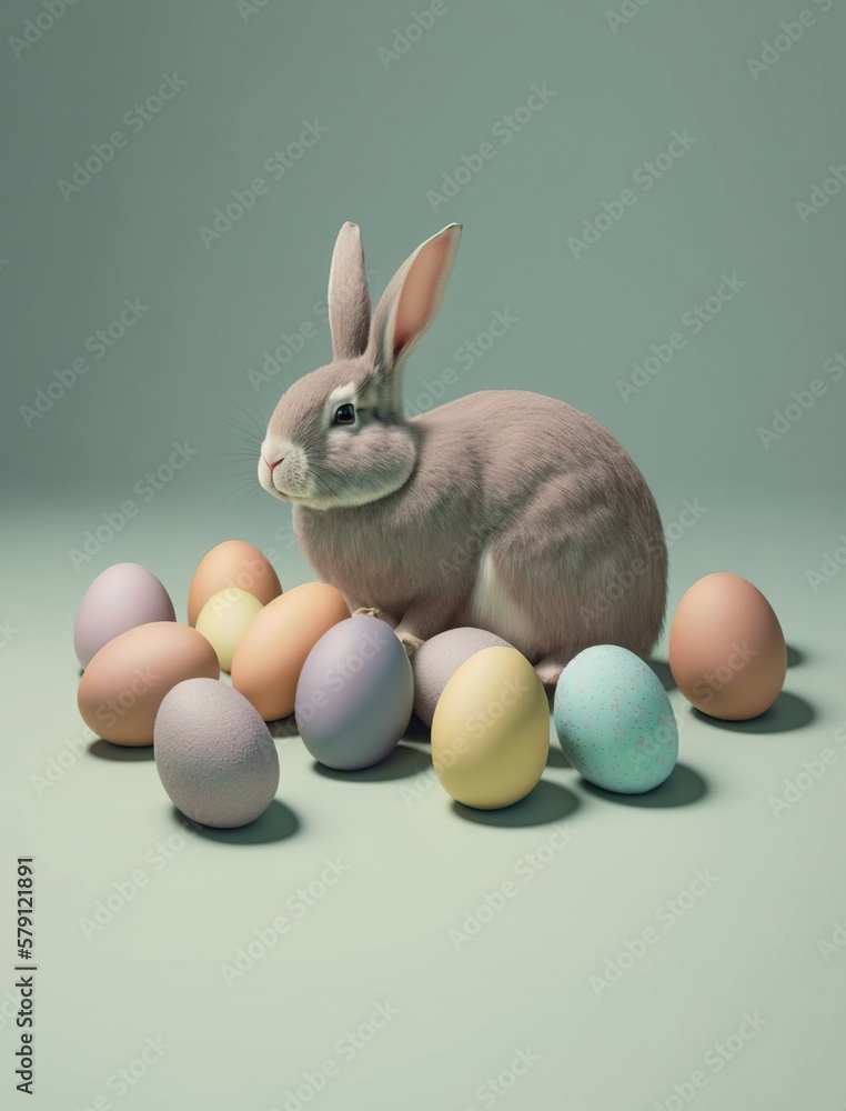  a rabbit is sitting among a group of eggs on a green background with a light blue background and a 