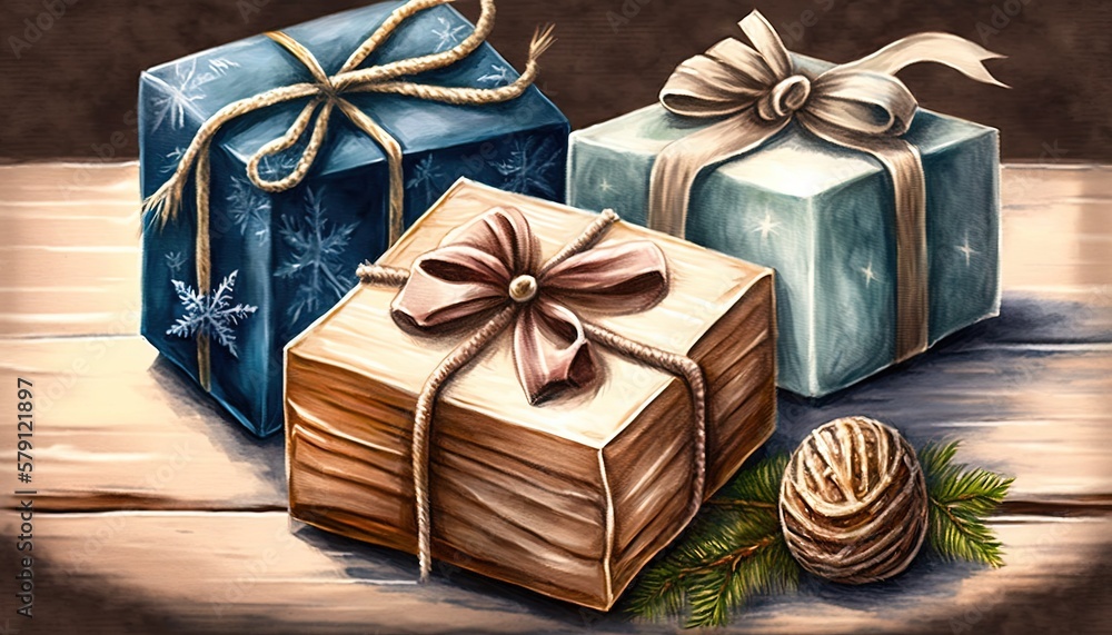  a painting of two wrapped presents and a pine cone with a ribbon and a pine cone with a bow on the 