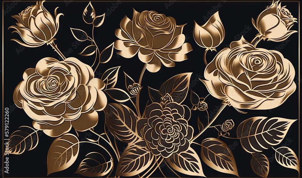  a black and gold floral background with roses and leaves on a black background with a gold border i