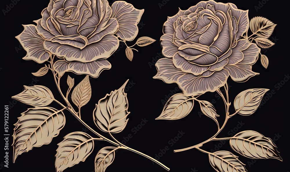  a drawing of two roses with leaves on a black background with a gold outline on the left side of th