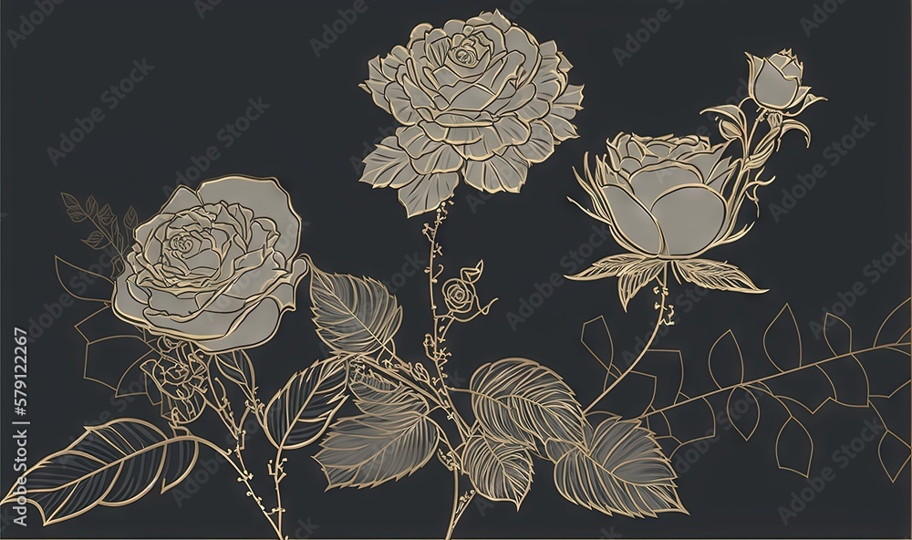  a drawing of a rose on a black background with gold foiling on the edges of the image and the outli