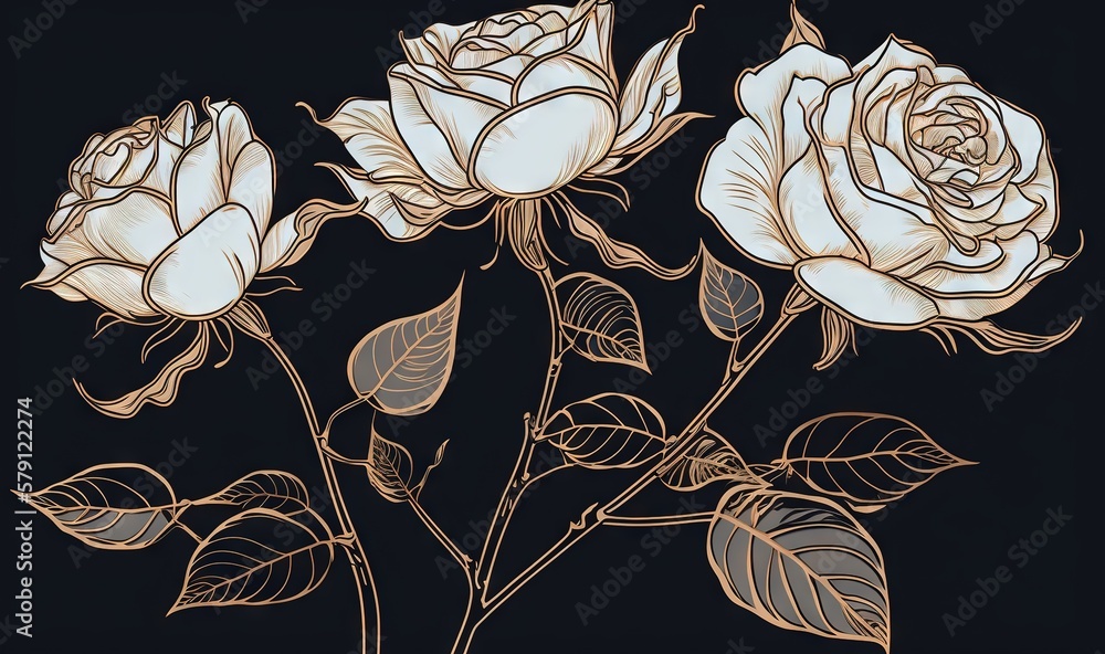  three white roses on a black background with leaves in the center of the picture and a gold outline