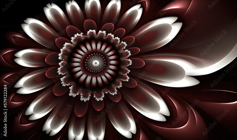  a red and white flower with a black background and a white center in the center of the flower is a 