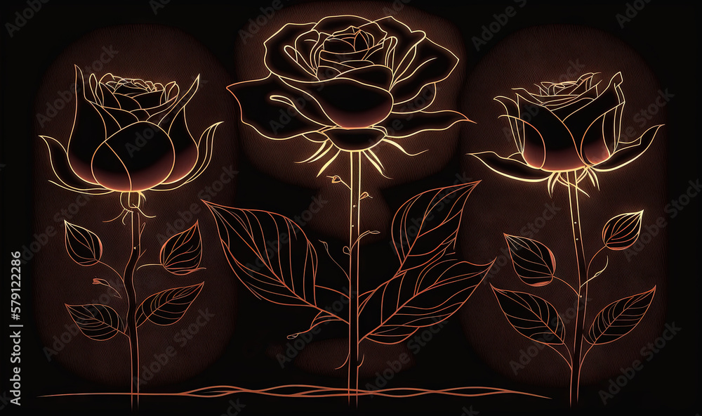  a drawing of three roses on a black background with a brown background and a gold outline of the fl