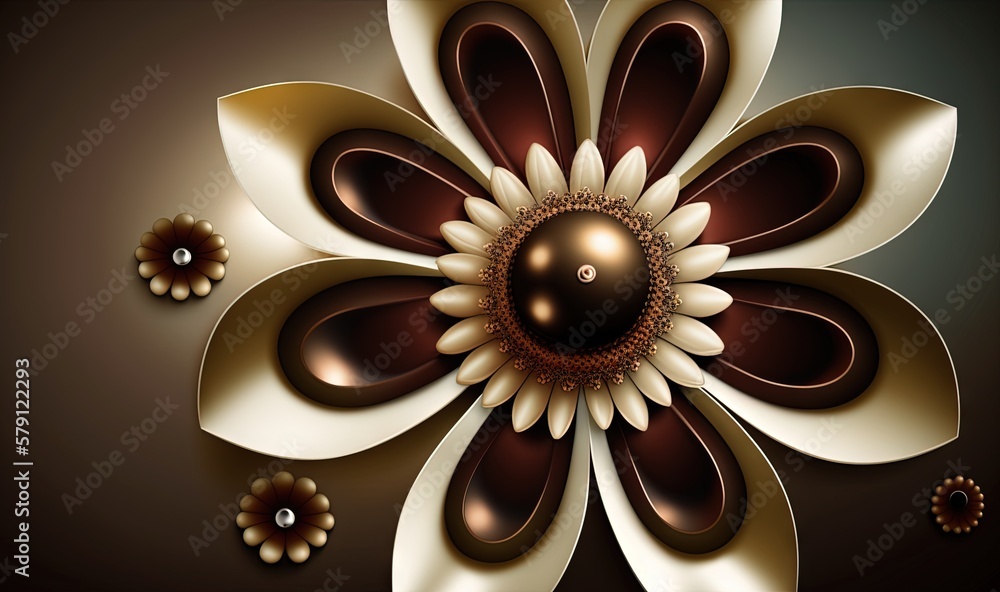  a brown and white flower on a black background with brown and white circles and dots around the cen