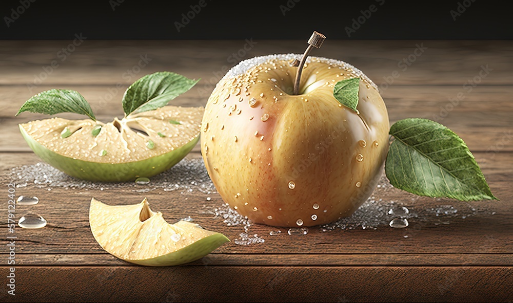  a painting of an apple with leaves and a slice of apple on a wooden table with water droplets aroun