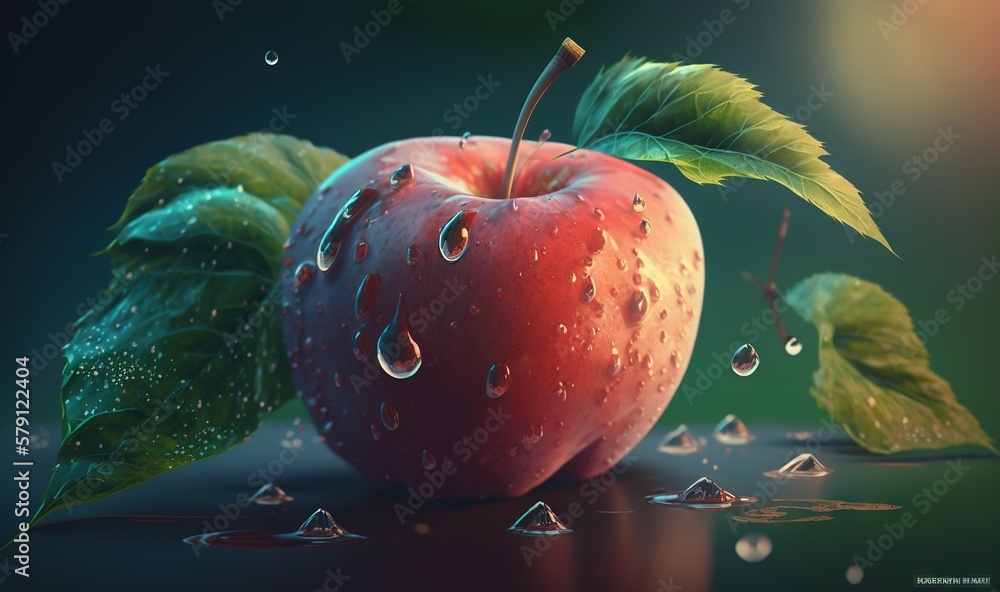  a red apple with water drops on it and a green leaf on the top of it, with a green leaf on the bott