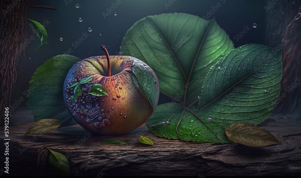  a painting of an apple with water droplets on it and leaves surrounding it, with a moon in the sky 