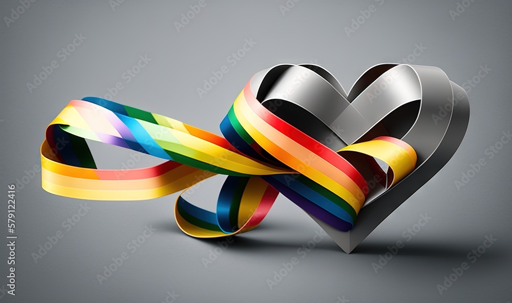  a multicolored heart shaped object on a gray background with a ribbon in the shape of a heart and a