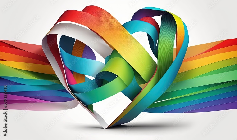  a rainbow colored ribbon is flying through the air with its tail curled in the air and a heart sha