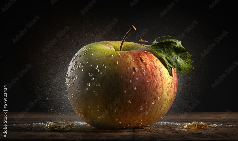  an apple with a leaf on top of it on a wooden table with water droplets on it and a black backgroun