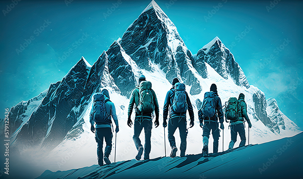  a group of people with backpacks walking up a snowy hill with a mountain in the background with a b