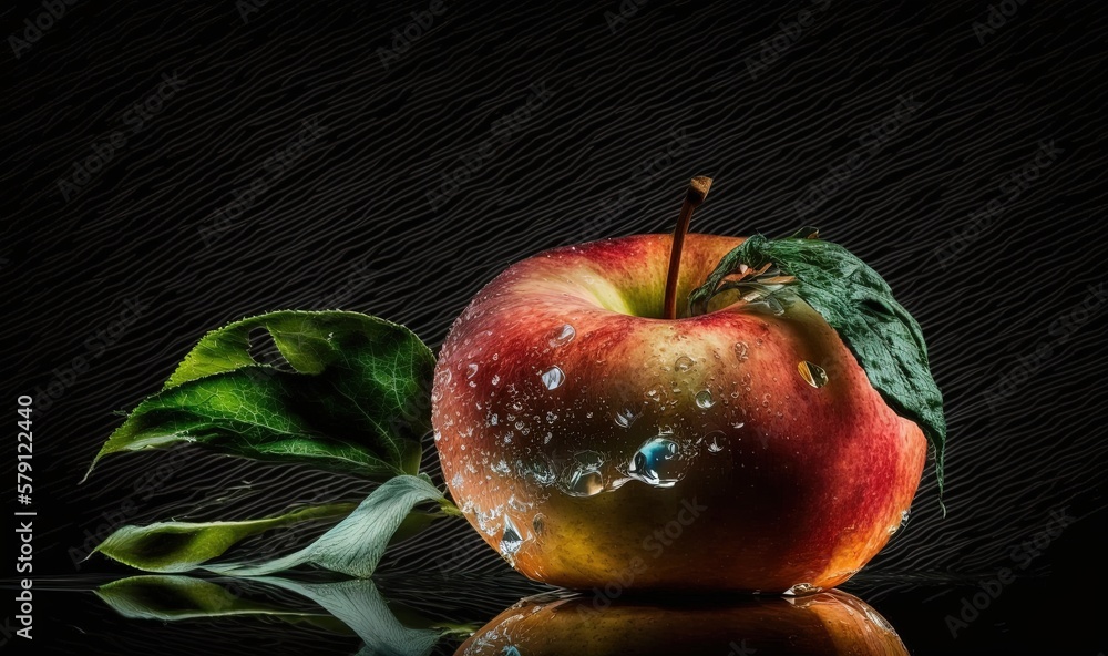  a red apple with a green leaf on a black background with water droplets on the surface and a black 