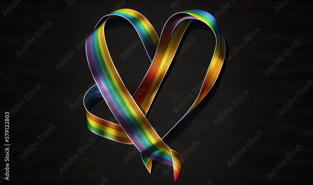  a rainbow colored ribbon in the shape of a heart on a black background with a shadow of a ribbon in