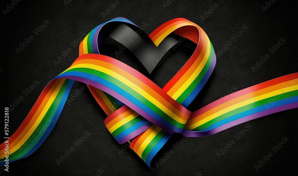  a rainbow colored ribbon with a heart shaped object in the middle of it on a black background with 