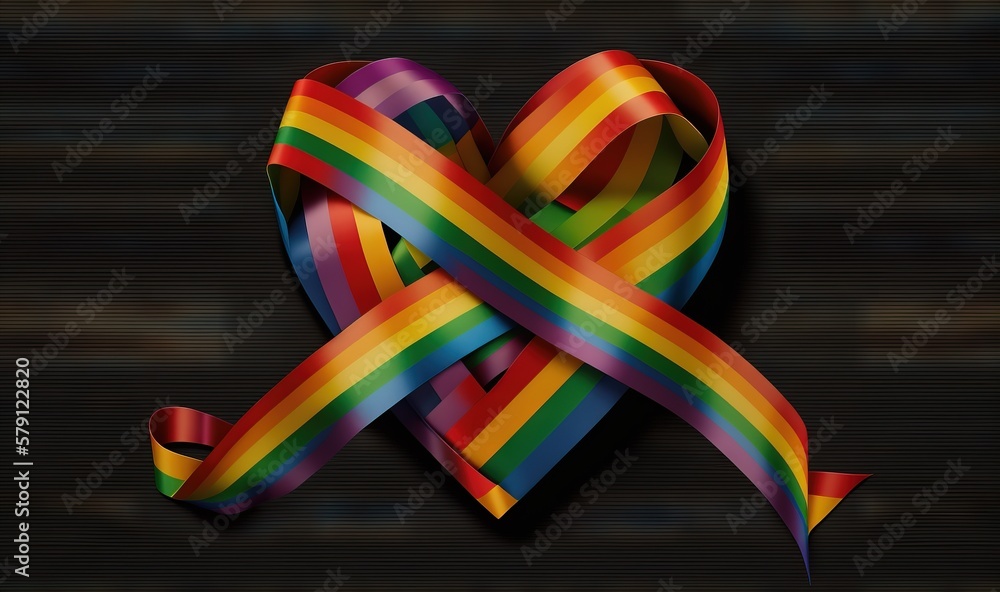  a multicolored ribbon in the shape of a heart on a black background with a diagonal ribbon in the s