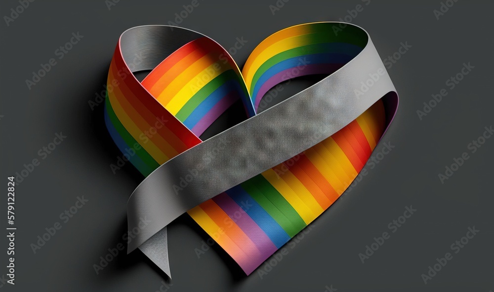  a rainbow heart shaped ribbon with a silver ribbon on its side and a gray ribbon in the middle of 