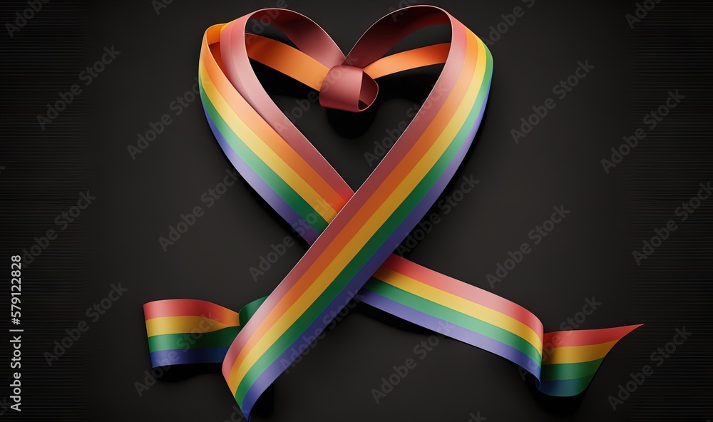  a rainbow ribbon with a heart shaped bow on a black background with a diagonal ribbon in the shape 